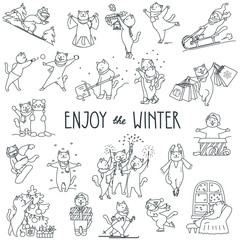 Enjoy the winter. Doodle illustration of cute white cats enjoying winter. Vector 8 EPS