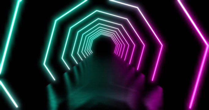Blue and mauve neon abstract tunnel showing futuristic technology. Geometric signs in a motion pattern - 4k