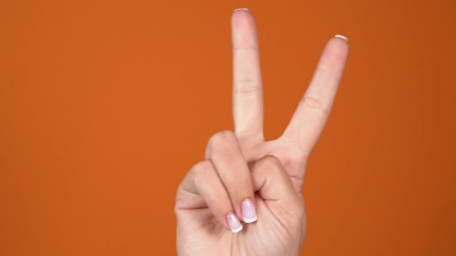 Closeup of isolated on orange adult female hand counting from 0 to 5. Woman shows fist fist, then one, two, three, four, five fingers. Manicured nails painted with beautiful pink polish. Math concept.