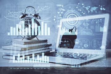 Fototapeta premium Financial graph colorful drawing and table with computer on background. Double exposure. Concept of international markets.