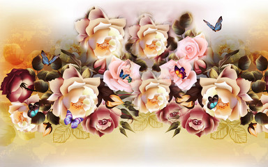 Panele Szklane  ilustracja 3d, duży bukiet róż i wielobarwne motyle na pomarańczowym tle