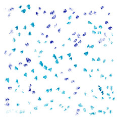 A lot of blue watercolor stains isolated on a white surface. Brush strokes, design element for winter cards, snow