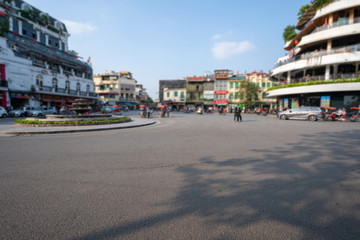 Panorama Dong Kinh Nghia Thuc Square in the Old Quarter of Hanoi, Vietnam. Street with copyspace and blurred buildings on background