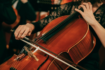 Symphony orchestra on stage, hands playing cello. Shallow depth of field, vintage style. - obrazy, fototapety, plakaty