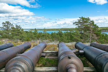 Ancient cast iron cannons, Bomarsund fortress, Sund, Aland Islands, Finland The old ruins of a...