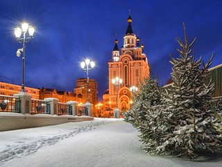 Frosty winter night in Khabarovsk. Cathedral of the Assumption of the Blessed Virgin Mary ( Uspensky cathedral ).  Far East, Russia. 