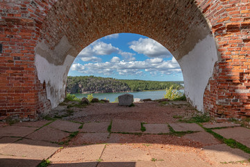 Ancient cast iron cannons, Bomarsund fortress, Sund, Aland Islands, Finland The old ruins of a...