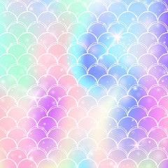 Rainbow scales background with kawaii mermaid princess pattern. Fish tail banner with magic sparkles and stars. Sea fantasy invitation for girlie party. Stylish backdrop with rainbow scales.