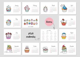Calendar 2020. Monthly calendar 2020 template with cute white cats playing with cupcakes. Bonus - 2021 calendar. Vector   illustration 8 EPS.