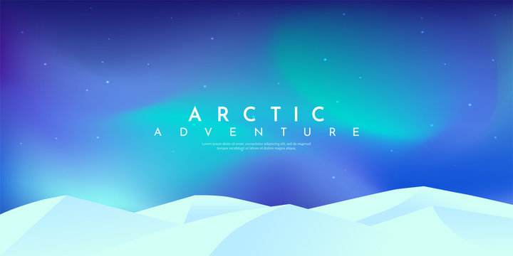 Vector minimalist landscape. Flat design. Website or game template. Polar light at Aqua Menthe trendy color. Pastel soft colors. White mountain. North. Aurora borealis. Arctic bright wallpaper.