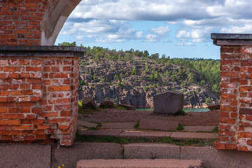 Ancient cast iron cannons, Bomarsund fortress, Sund, Aland Islands, Finland The old ruins of a fortress &nbsp; Red brick