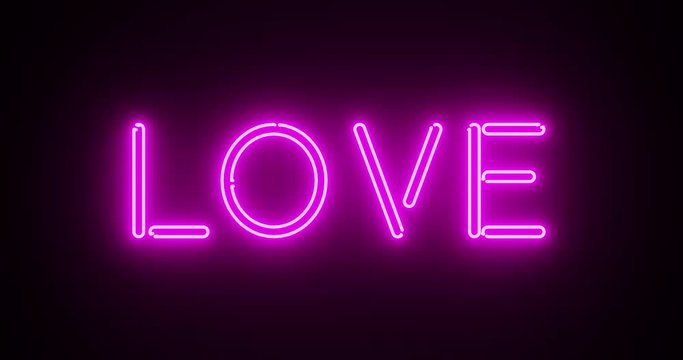 Neon love sign as illuminated advertising for nightclub or massage. Glowing text message or fluorescent signage for valentines - 4k