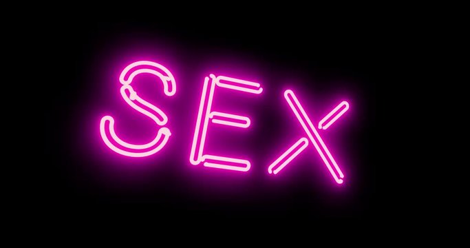Neon sex sign as illuminated advertising for nightclub or massage. Glowing text message or fluorescent signage for love - 4k