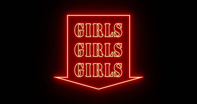 Neon girls sign as illuminated advertising for nightclub or massage. Glowing text message or fluorescent signage for love or sex - 4k