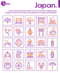 Japan items color linear icons set