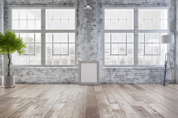 Empty room apartment interior background with brick wall, wooden floor, windows, city background. Abstract open space loft, minimalist living room. Modern 3D interior design renovation concept mockup