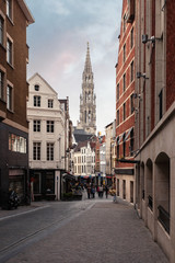 A street in Brussels with many restaurants and the Brussels Town Hall tower in the background, Belgium