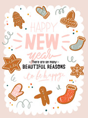 Hand drawn cute holiday winter illustration with various git box in cartoon style. Christmas cute poster. Happy New Year. Warm wishes. Vector background. Isolated.