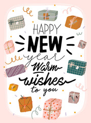 Hand drawn cute holiday winter illustration with various git box in cartoon style. Christmas cute poster. Happy New Year. Warm wishes. Vector background. Isolated.