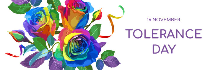 Horizontal banner for parade - Tolerance Day. Bright hand drawn illustration isolated on white background - text, rainbow Roses and ribbons. Gay pride LGBT symbol.