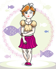 Little red-haired girl cute child toddler in casual clothes standing on marine backdrop with ocean and fishes. Vector pretty human illustration.