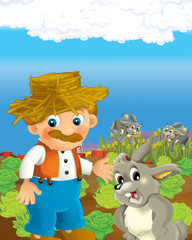 Obraz na płótnie Canvas cartoon scene with happy farmer man on the farm ranch illustration for the children