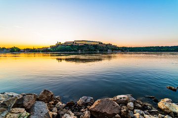 Novi Sad, Serbia August 10, 2019: Petrovaradin fortress in Novi Sad. Novi Sad and Danube river at sunrise. 