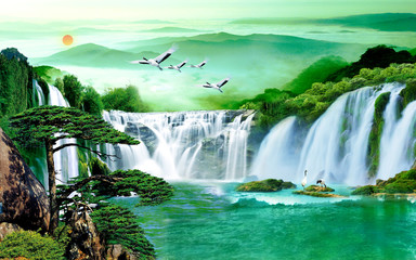 Landscape 3d illustration, cascade of waterfalls, forest, sunset