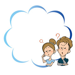 疑問を持っている若い男女のイラストとふきだし