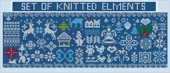 Vector set of knitted Christmas elements and decorations. Knitted snowflakes, ornaments, birds, Christmas trees and gifts on a blue background