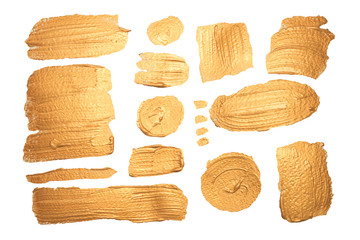 Oro bronzo texture di metallo giallo. Set di pennellate sfondo bianco