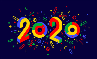 2020, Happy New Year. Greeting card with inscription Happy New Year 2020. Geometric memphis bright style for Happy New Year 2020 or Merry Christmas. Holiday background, poster. Vector Illustration