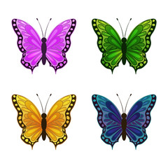 Set of  butterfly, blue, pink, yellow and green color on white background. Cartoon vector illustration. Isolated on white. Object for packaging, advertisements, design, greeting cards, invitations.