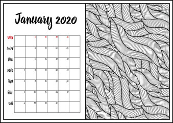 2020 calendar pages set. doodle hand drawn zen