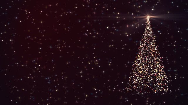 Merry Christmas greeting video card. Christmas tree with shining light slowly rotating, and twinkling stars on dark red background, 4K seamless holiday animation