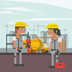 Obraz na płótnie Canvas couple of builders working under construction scene