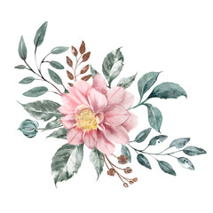 Bouquet of dahlia flower color pink peach and delicate foliage. Wedding decor invitations.