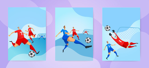 Football players on abstract cloudscape background. Soccer game. Set of vertical posters or cards. Flat vector illustration.