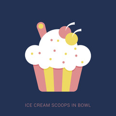 Ice cream scoops in bowl flat design. Minimal flat icon