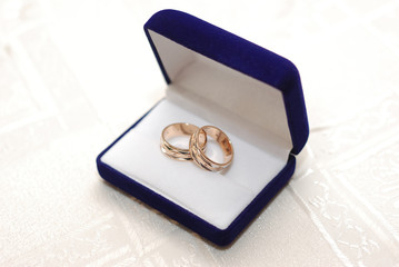 Wedding rings in a beautiful blue velvet box on a white background. Wedding jewelry.
