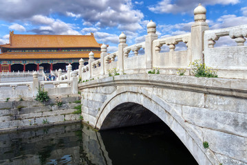 Forbidden City. bridge over Inner Golden Water against the background of palace pavilions and...