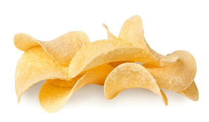 A heap of potato chips isolated on white background.