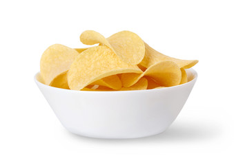 Bowl of potato chips isolated on white.
