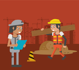 couple of builders working under construction scene