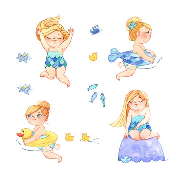 Girl swims on white isolated background. Hand-painted watercolor collection illustrations set