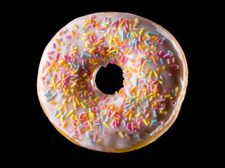 Glazed donut with sprinkles on a black background rotated in three quarters