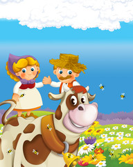 cartoon scene with happy farmer man and woman on the farm ranch illustration for the children