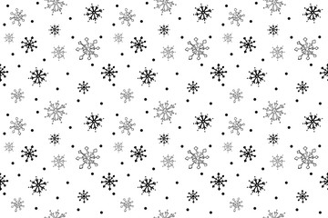 Seamless image pattern with black and white snowflakes and black dots on white background. Doodle hand drawn style. Christmas winter mood. Stock illustration for web, print and textile 