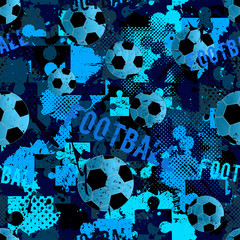 Abstract seamless football pattern for boys. Sport football pattern. Grunge sport urban backdrop with football ball. Sport wallpaper on black background with multicolor spots. Repeated pattern.