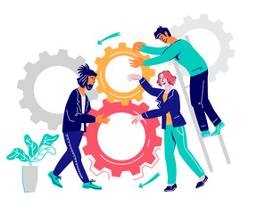 Business people collaborate to put wheel gears together and find solution. Team work and partnership metaphor with characters, colleagues or coworkers, flat cartoon vector illustration isolated.